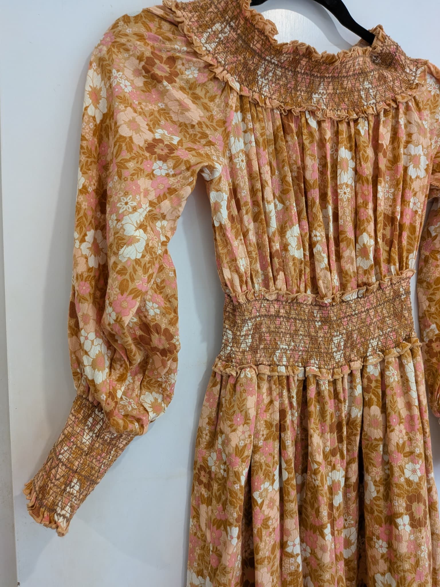 Spell & The Gypsy Collective Jumpsuit S Floral Brown Pink Boho Smocked Waist — photo 4 of 10