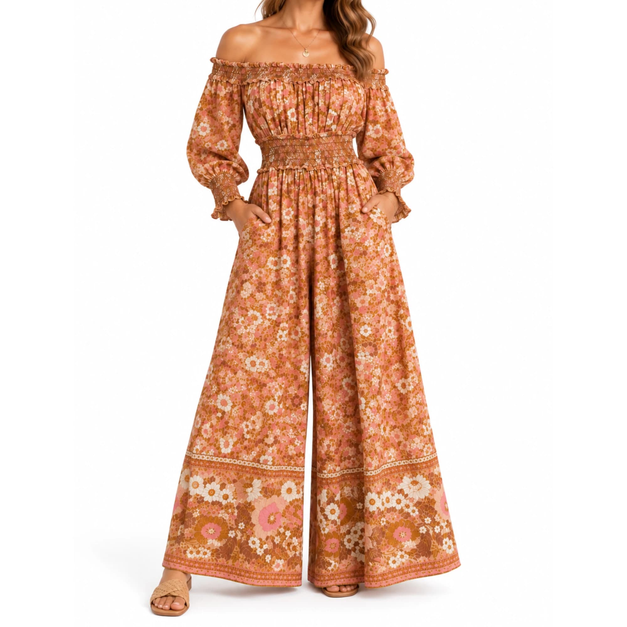 Spell & The Gypsy Collective Jumpsuit S Floral Brown Pink Boho Smocked Waist — photo 1 of 10