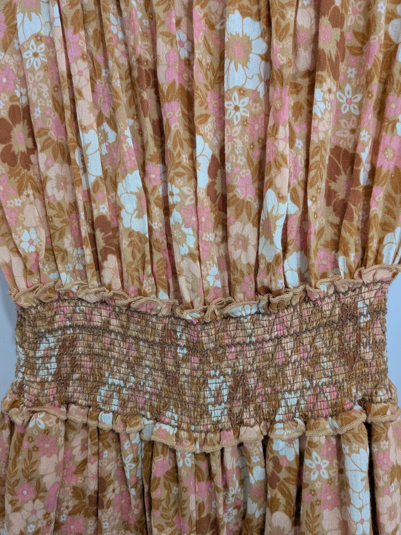 Spell & The Gypsy Collective Jumpsuit S Floral Brown Pink Boho Smocked Waist — photo 7 of 10