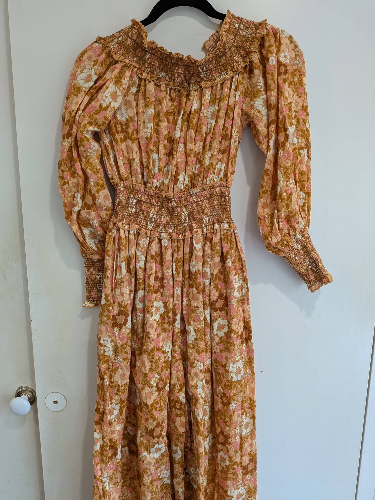 Spell & The Gypsy Collective Jumpsuit S Floral Brown Pink Boho Smocked Waist — photo 3 of 10