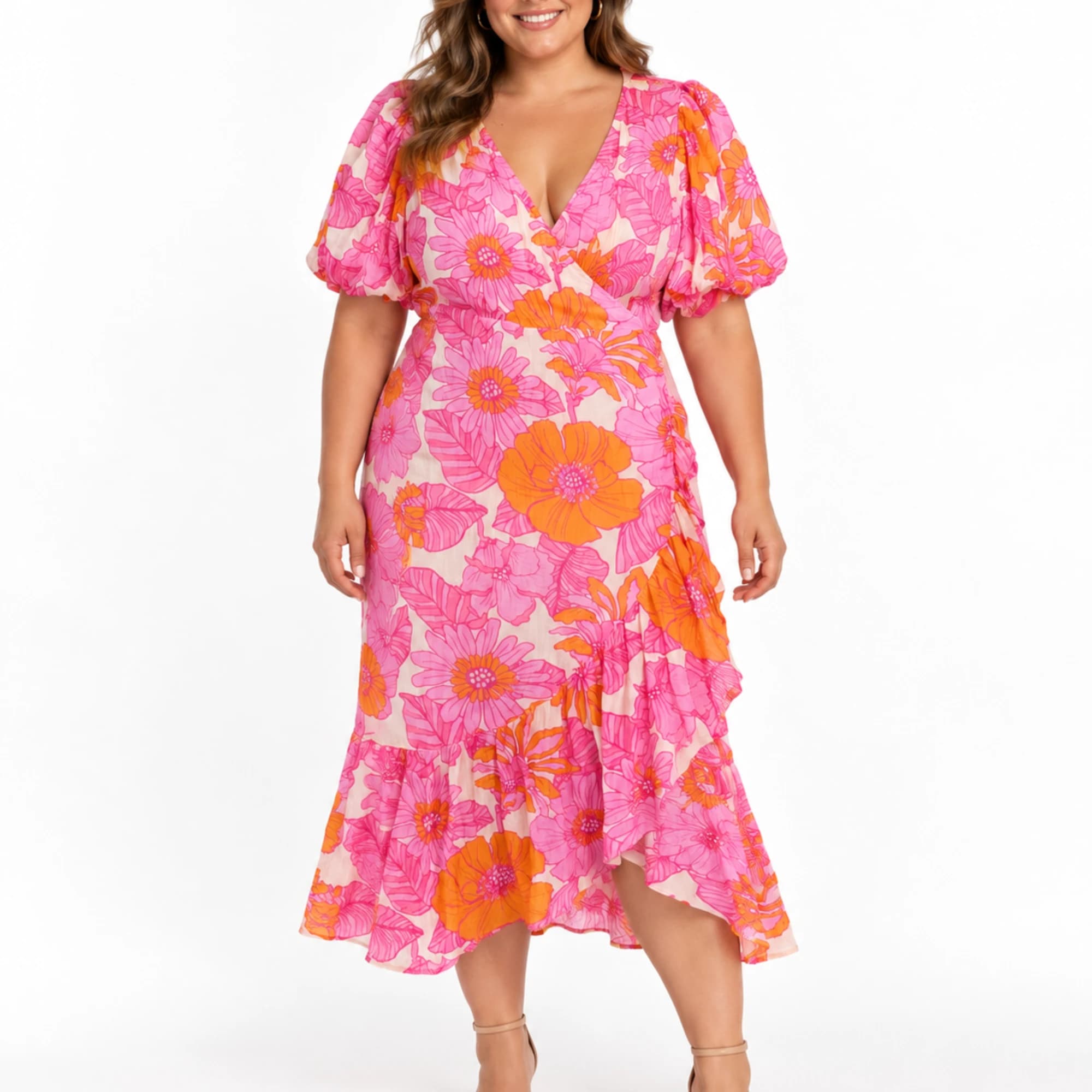 Sportsgirl Floral Puff Sleeve Wrap Midi Dress Size 18 Pink Orange — photo 1 of 10