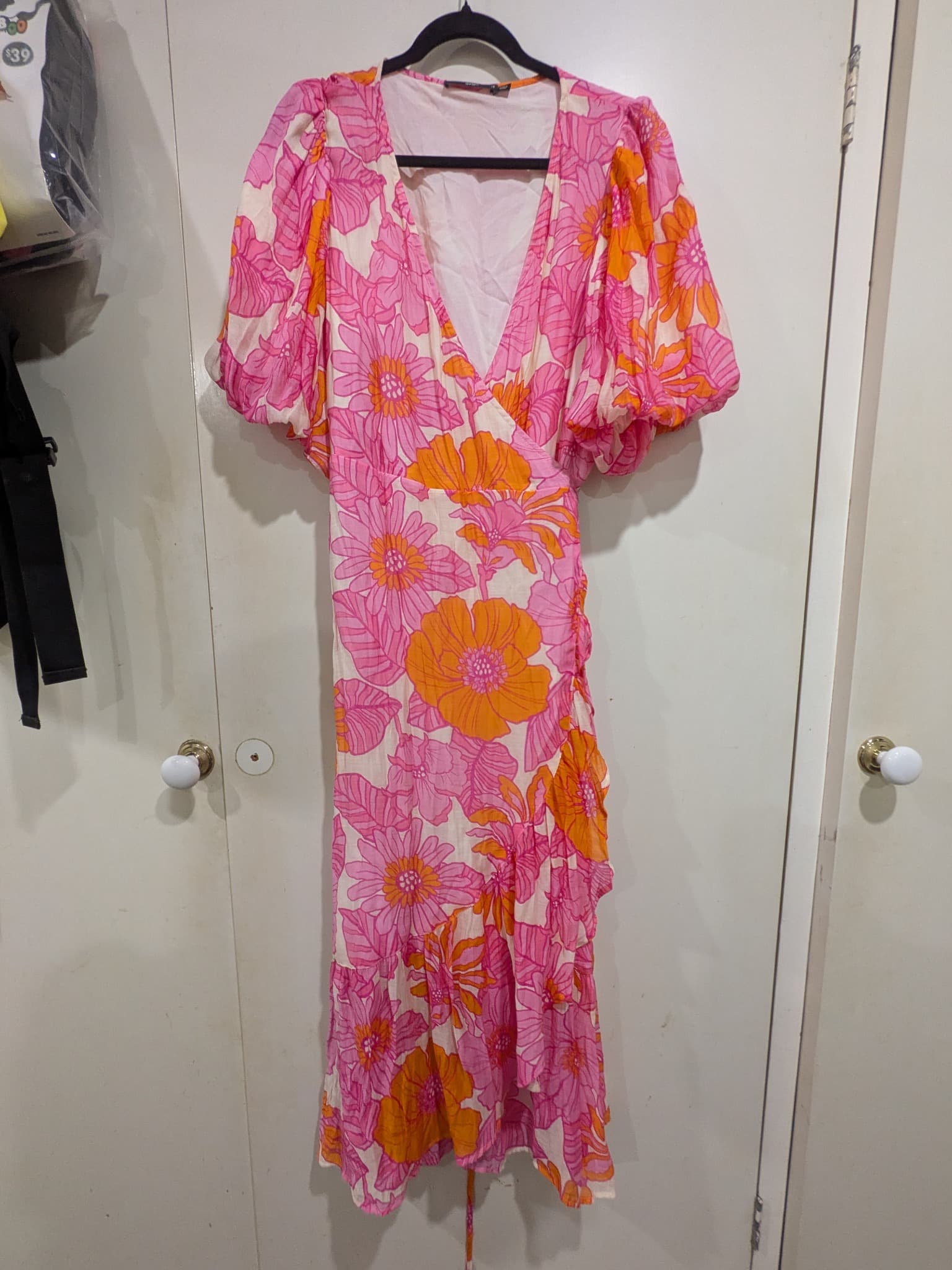 Sportsgirl Floral Puff Sleeve Wrap Midi Dress Size 18 Pink Orange — photo 2 of 10