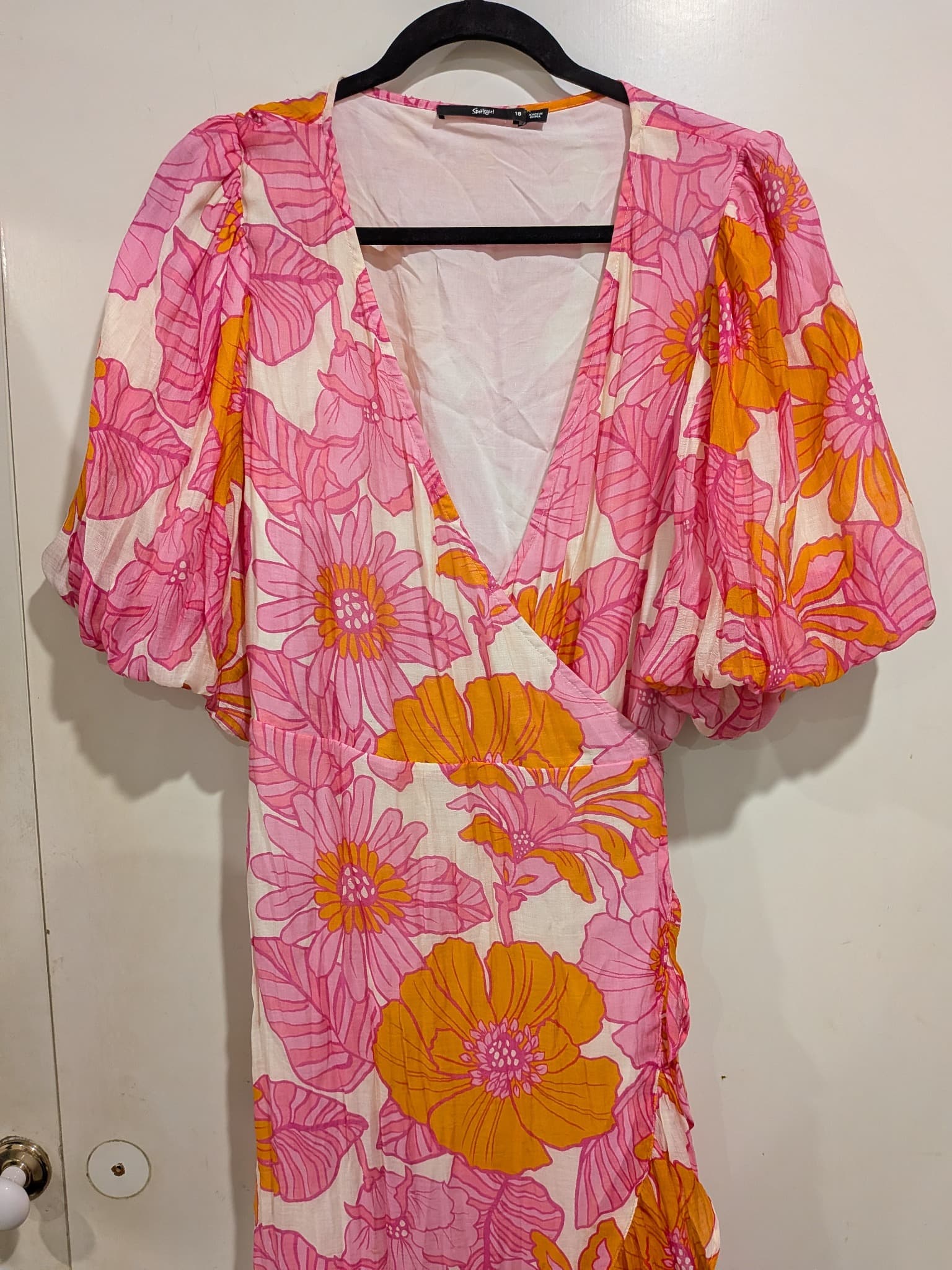 Sportsgirl Floral Puff Sleeve Wrap Midi Dress Size 18 Pink Orange — photo 4 of 10