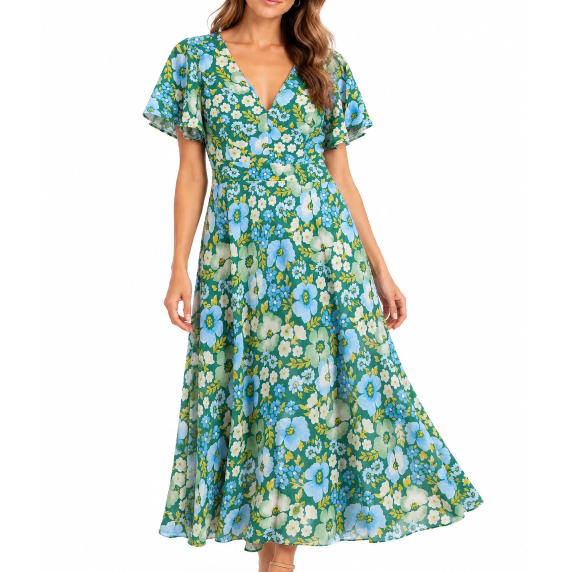 Sportsgirl Midi Dress 14 Green Blue Floral Linen Blend V-Neck Short Sleeve — photo 1 of 11