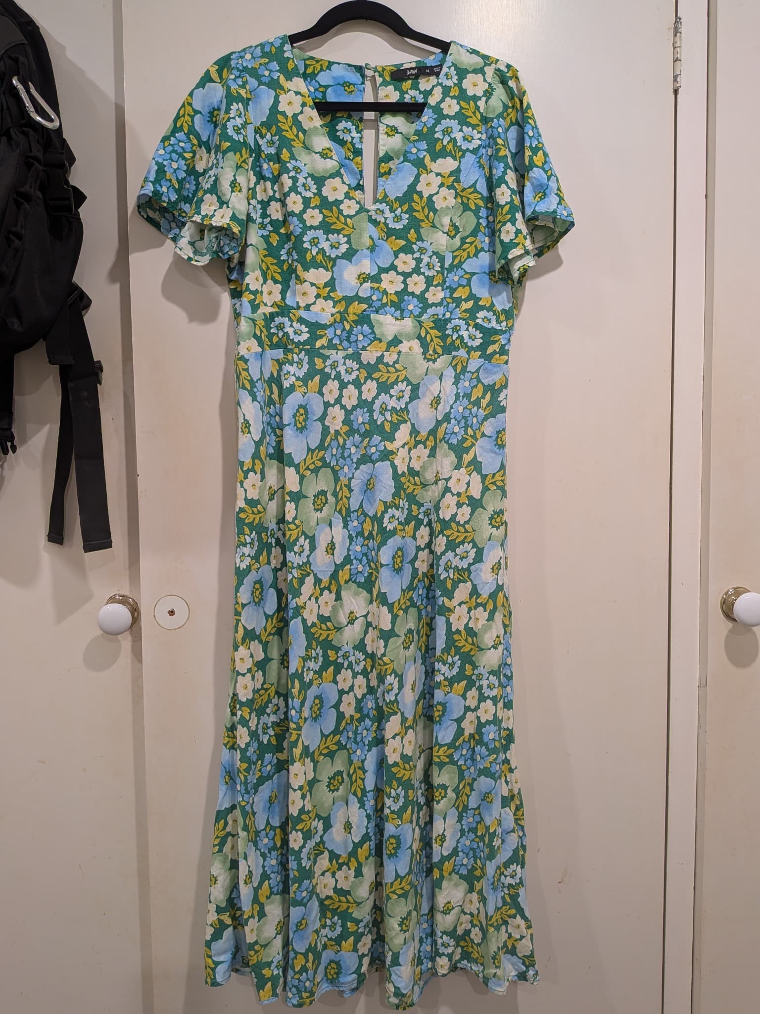 Sportsgirl Midi Dress 14 Green Blue Floral Linen Blend V-Neck Short Sleeve — photo 2 of 11