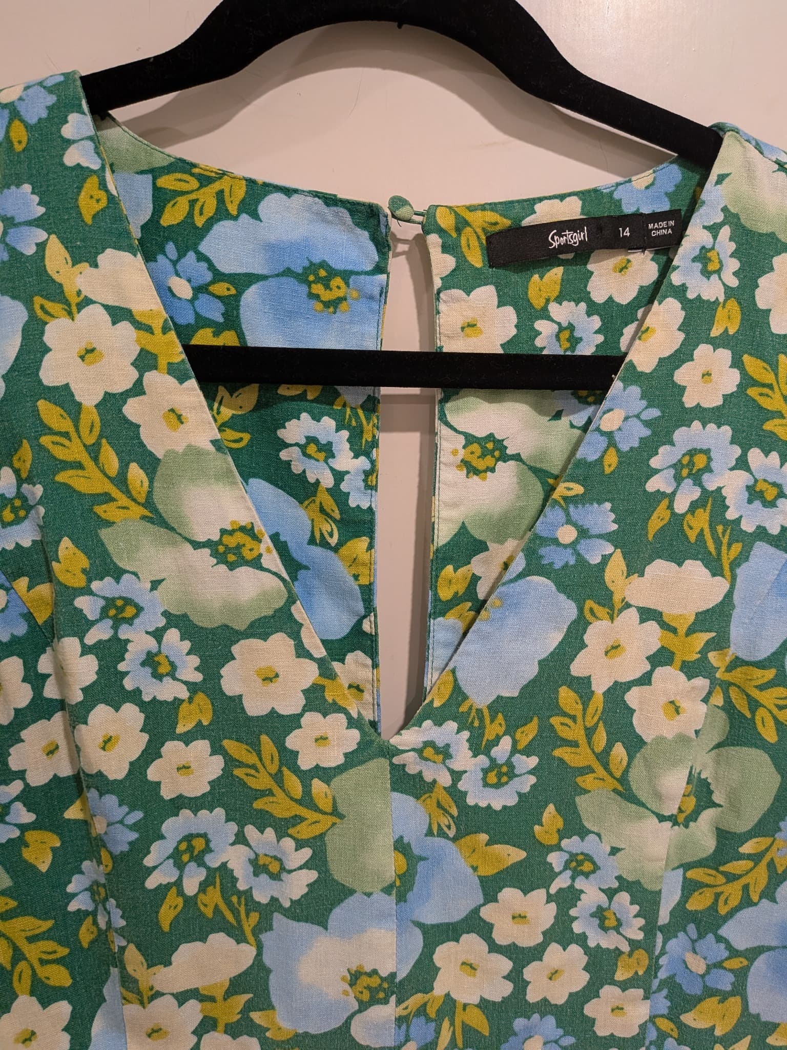 Sportsgirl Midi Dress 14 Green Blue Floral Linen Blend V-Neck Short Sleeve — photo 6 of 11