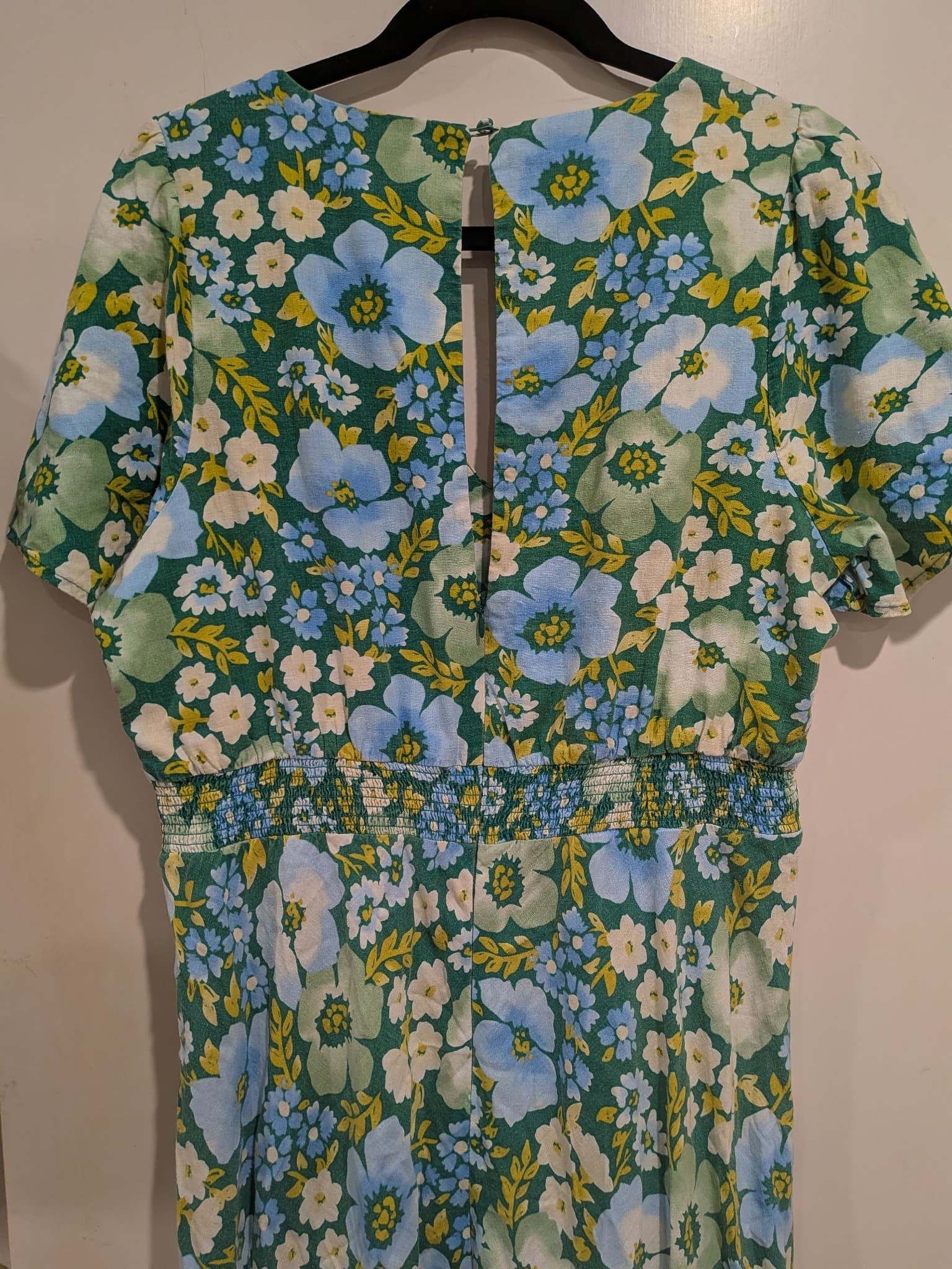 Sportsgirl Midi Dress 14 Green Blue Floral Linen Blend V-Neck Short Sleeve — photo 10 of 11