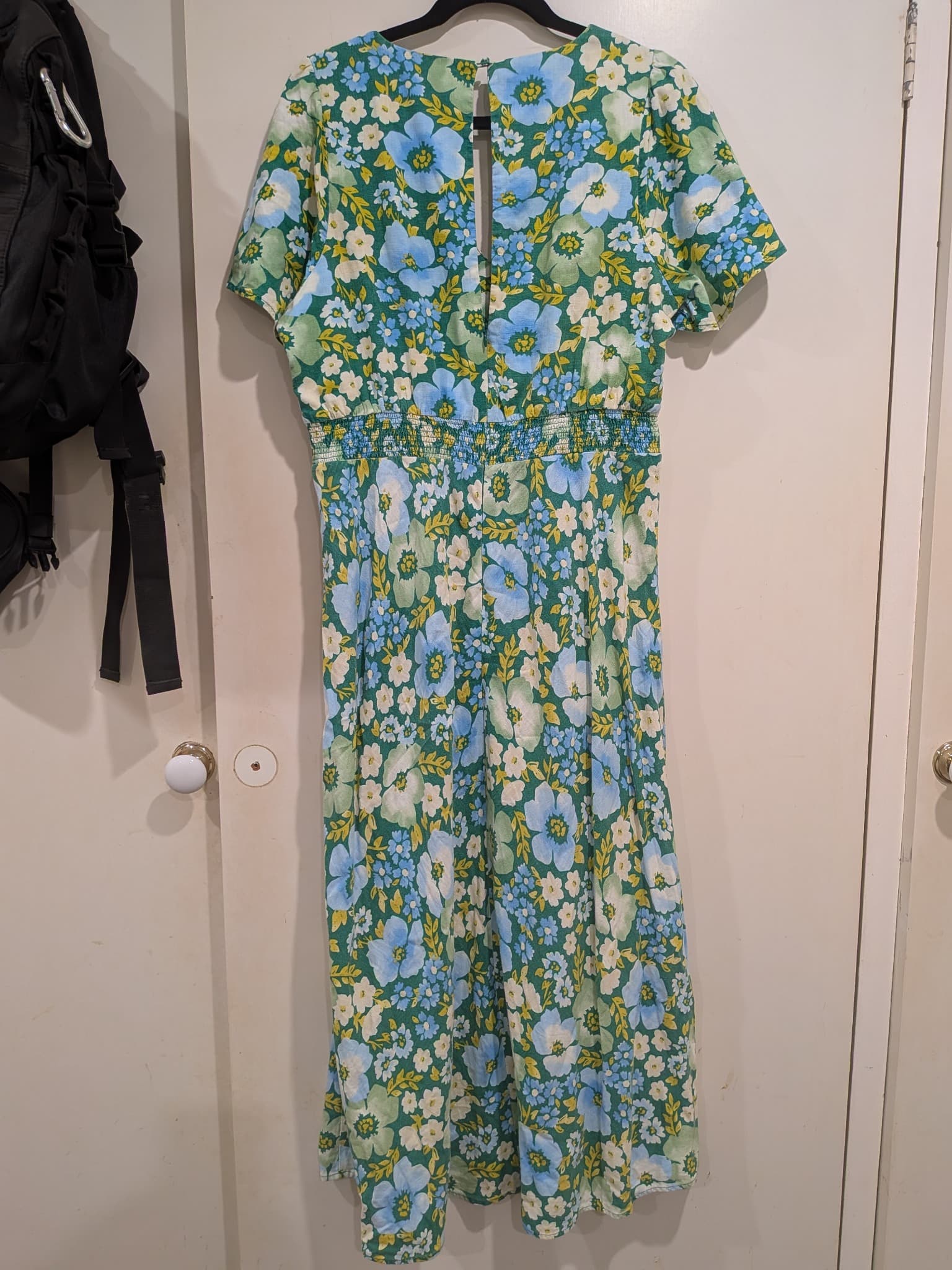 Sportsgirl Midi Dress 14 Green Blue Floral Linen Blend V-Neck Short Sleeve — photo 11 of 11