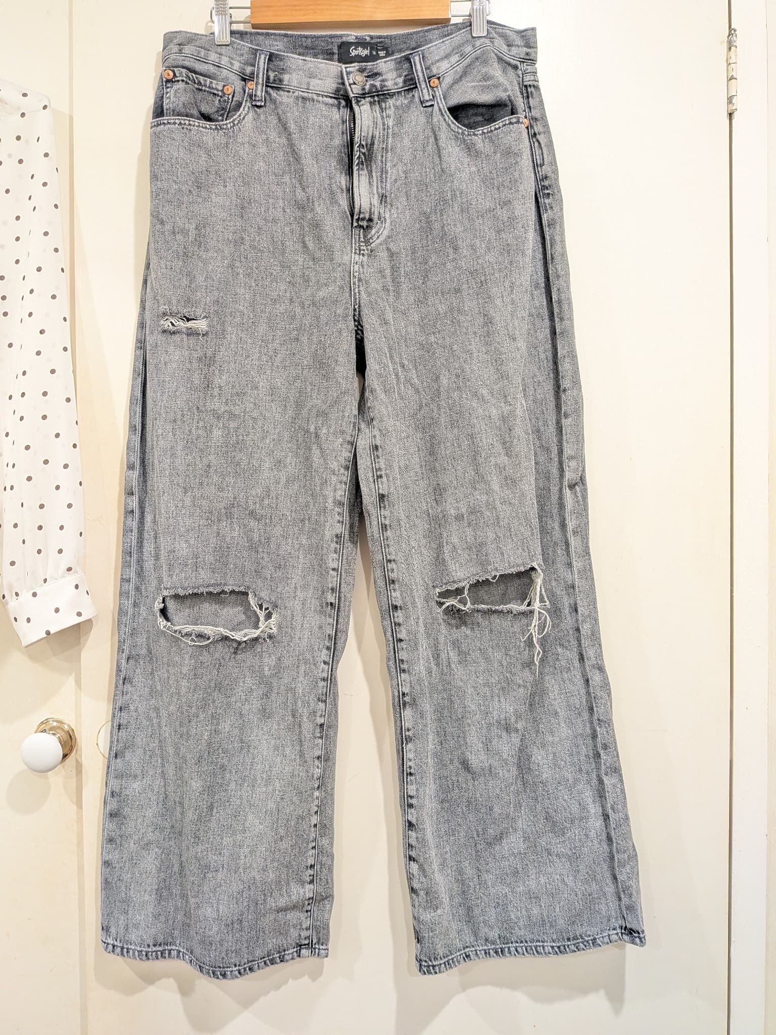 Sportsgirl Womens Wide Leg Jeans Size 16 Grey Acid Wash Distressed Denim — photo 3 of 12