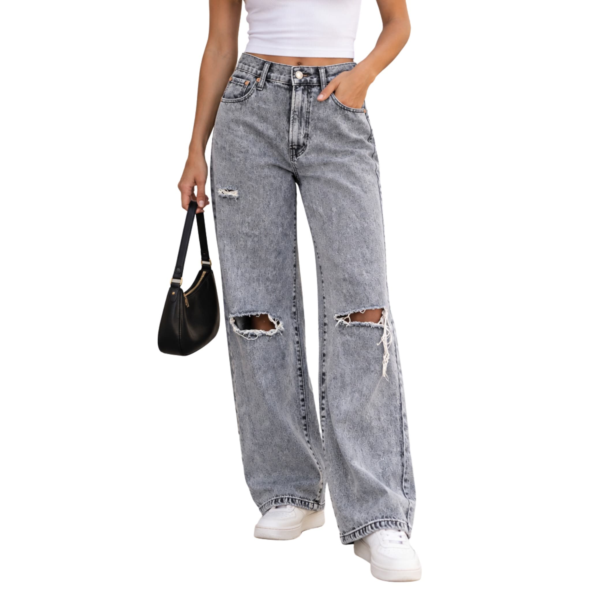 Sportsgirl Womens Wide Leg Jeans Size 16 Grey Acid Wash Distressed Denim — photo 1 of 12