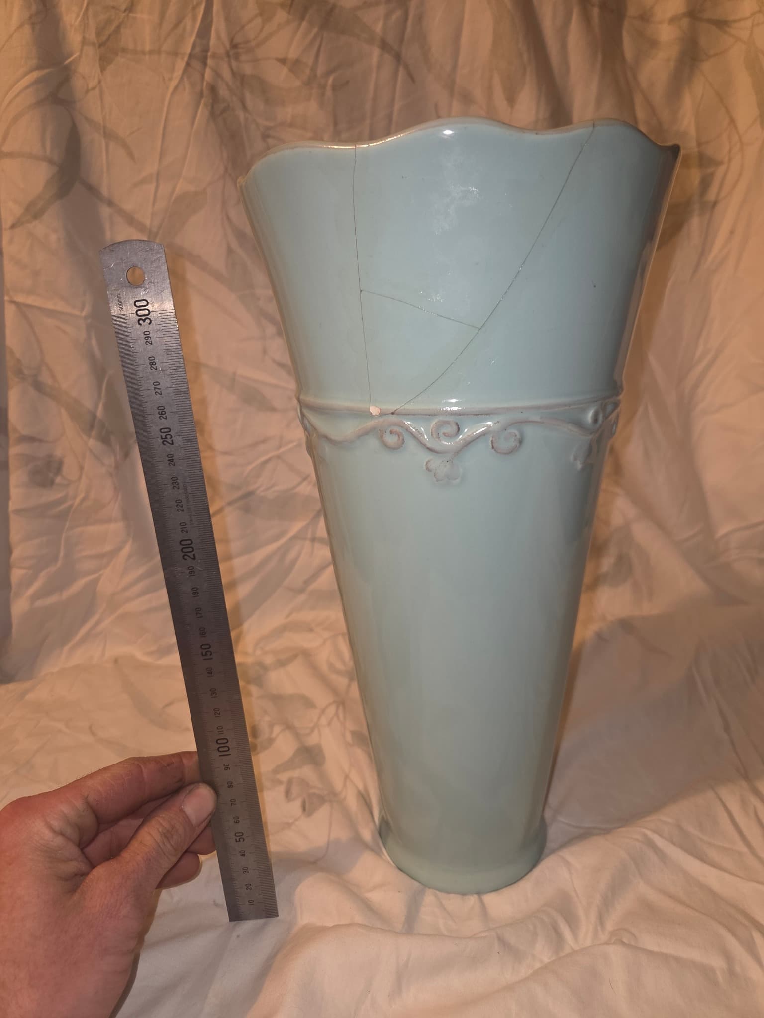 Ceramic Vase - Light Blue Embossed Scroll — photo 2 of 3