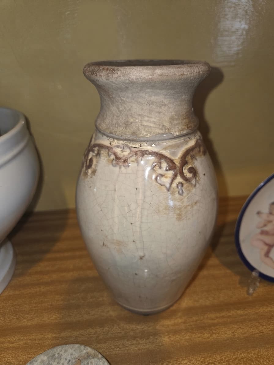 Crackle Glaze Ceramic Vase - Embossed Scroll Detail