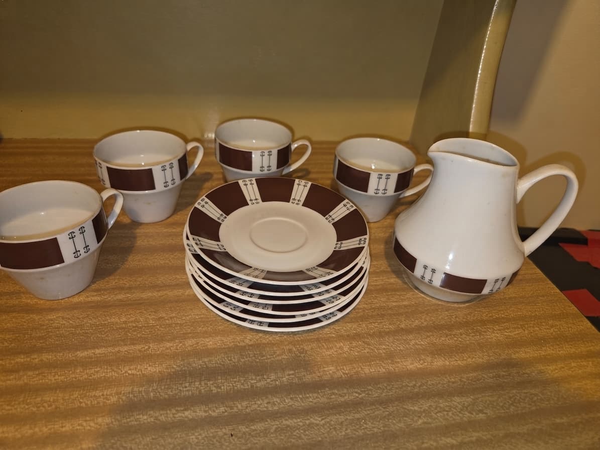 Mid-Century Modern Porcelain Tea Set - Brown Geometric Pattern — photo 1 of 3