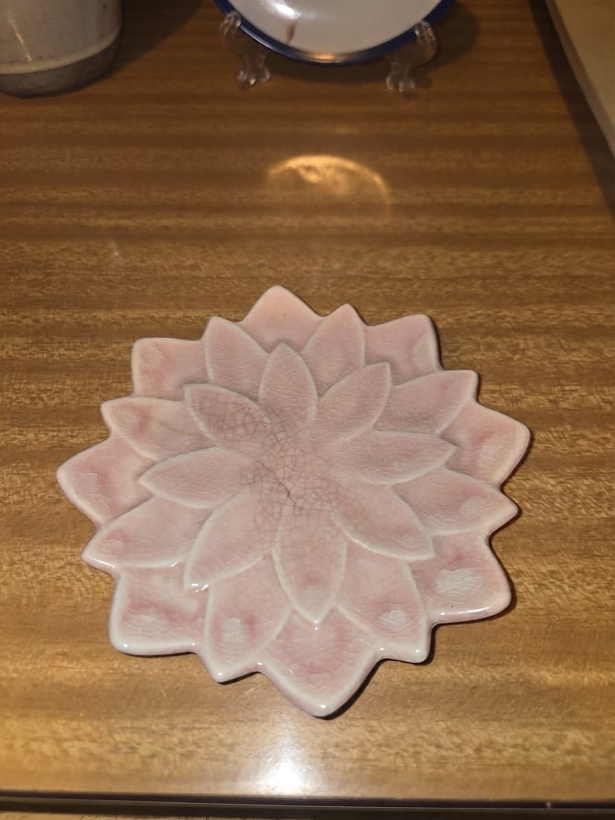 Pink Lotus Flower Shaped Ceramic Trinket Dish - Crackle Glaze