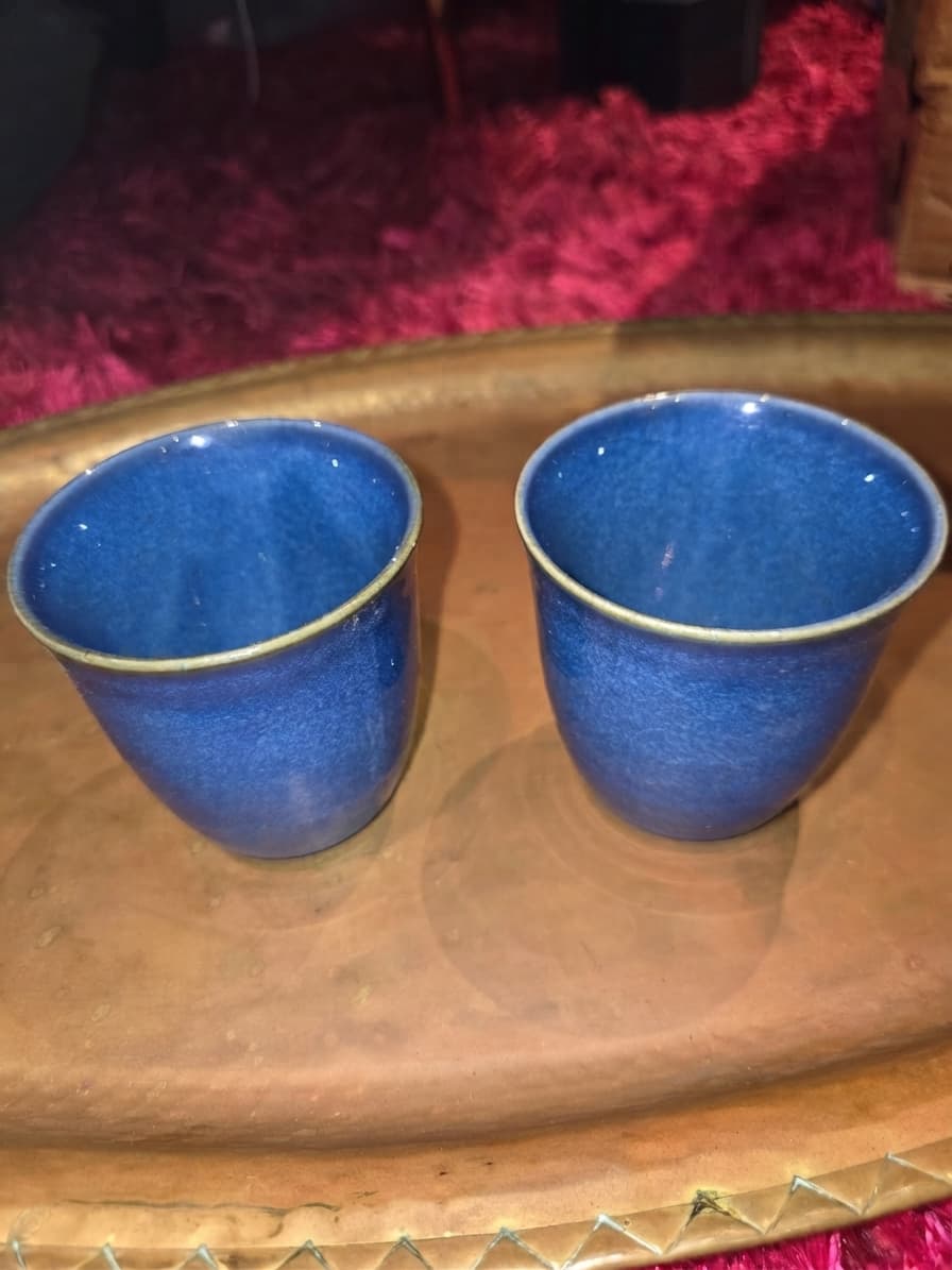 Set of 2 Japanese Blue Glazed Ceramic Tea Cups — photo 1 of 2