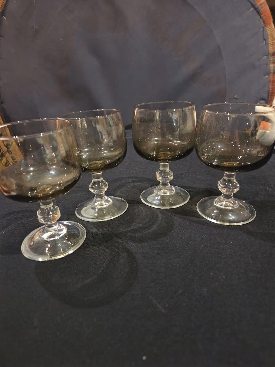 Set of 4 Vintage Smoke Glass Wine Goblets with Clear Stems — photo 1 of 2