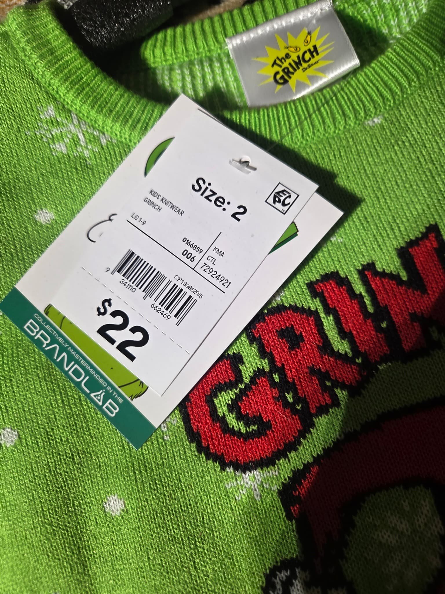 The Grinch Kids Christmas Sweater - Green Holiday Pullover Size 2 — photo 2 of 2