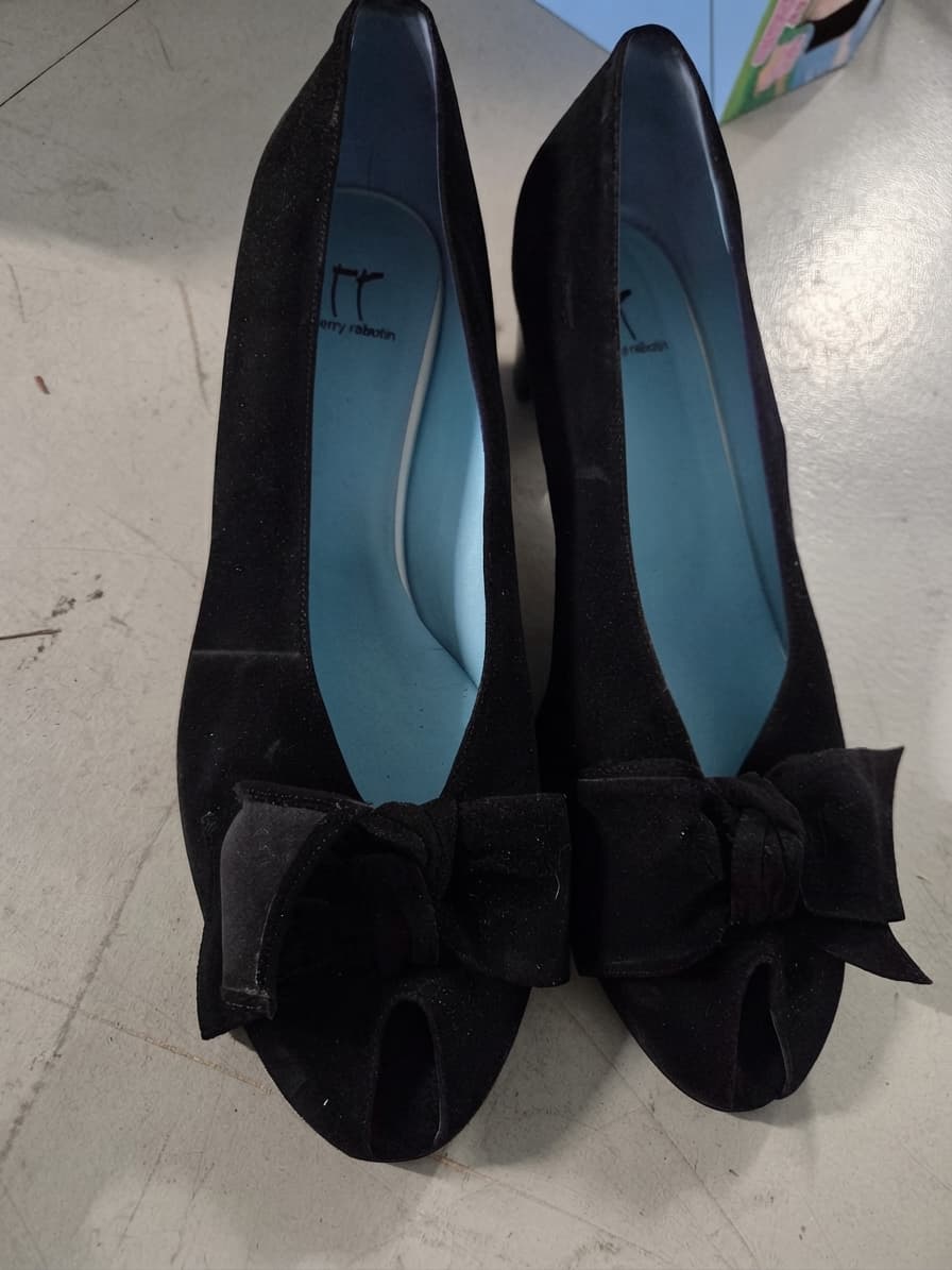 Thierry Rabotin Black Suede Peep Toe Bow Pumps — photo 1 of 3