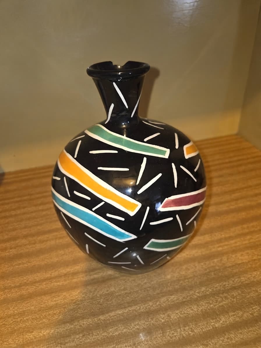 Vintage 1980s Memphis Style Black Ceramic Vase - Geometric Pattern — photo 1 of 3