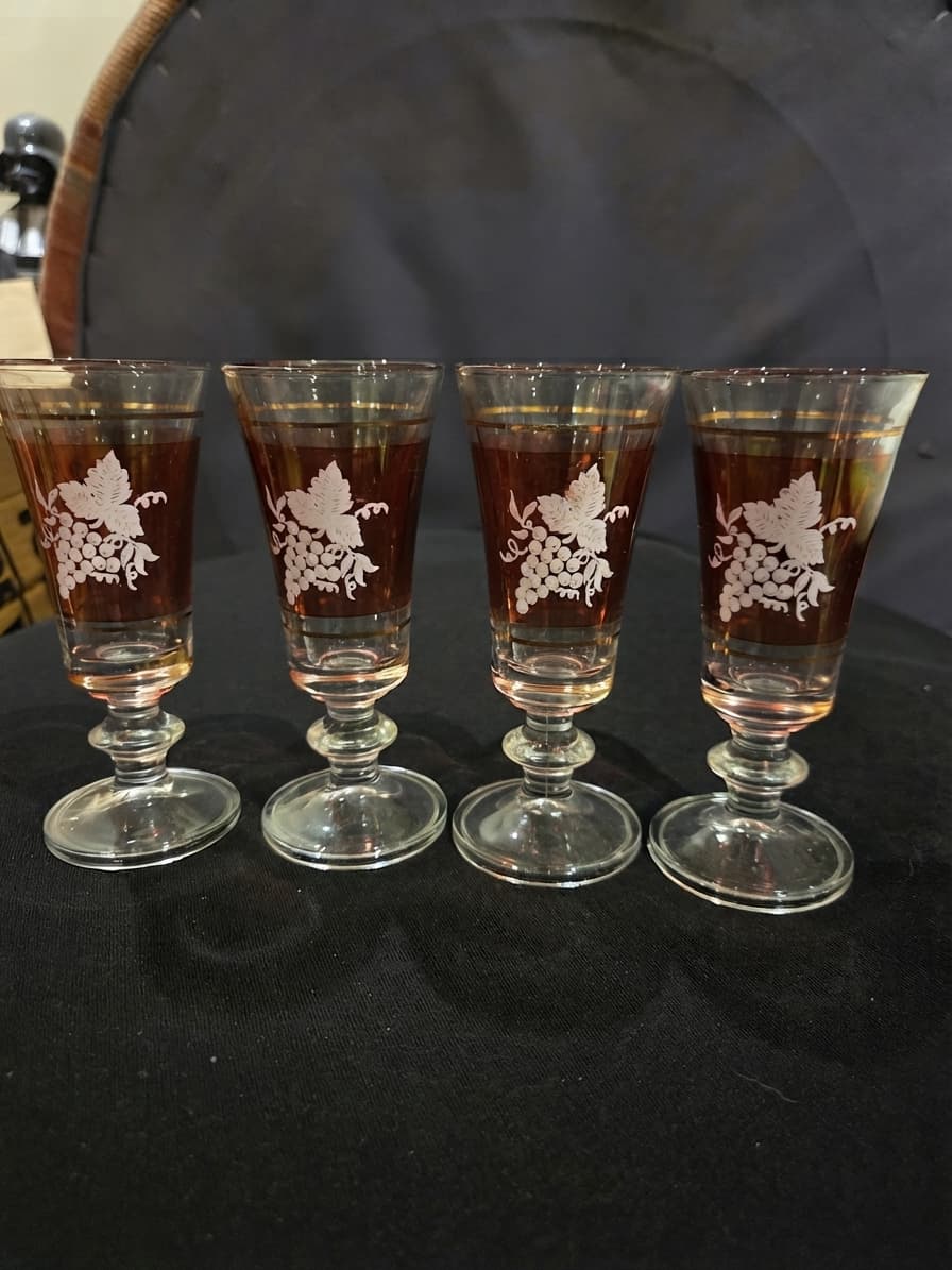 Vintage Amber Glass Cordial Glasses - Etched Grapevine & Gold Trim (Set of 4) — photo 1 of 3