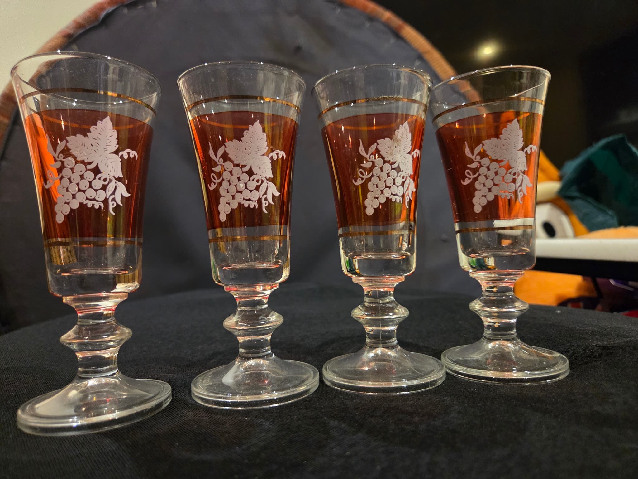 Vintage Amber Glass Cordial Glasses - Etched Grapevine & Gold Trim (Set of 4) — photo 2 of 3