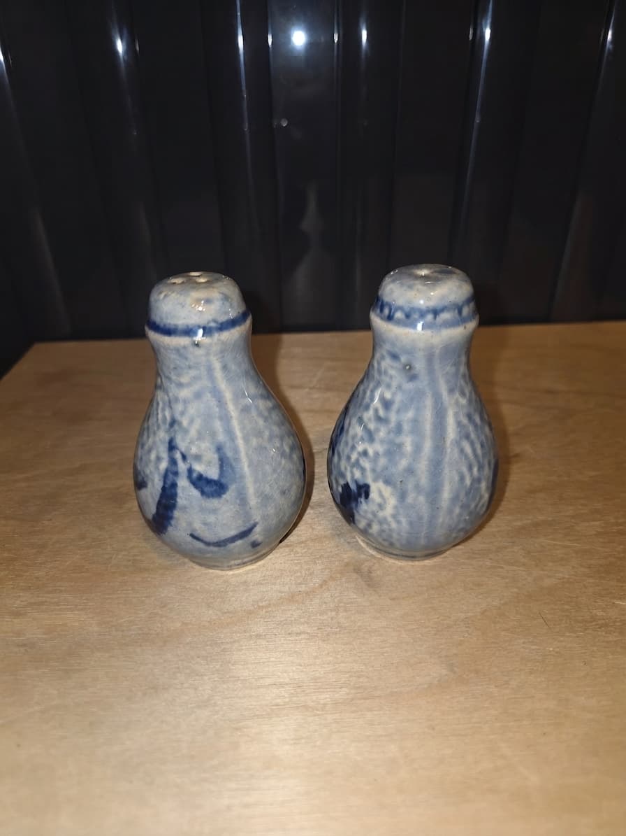 Vintage Blue and White Speckled Ceramic Salt and Pepper Shakers — photo 1 of 3