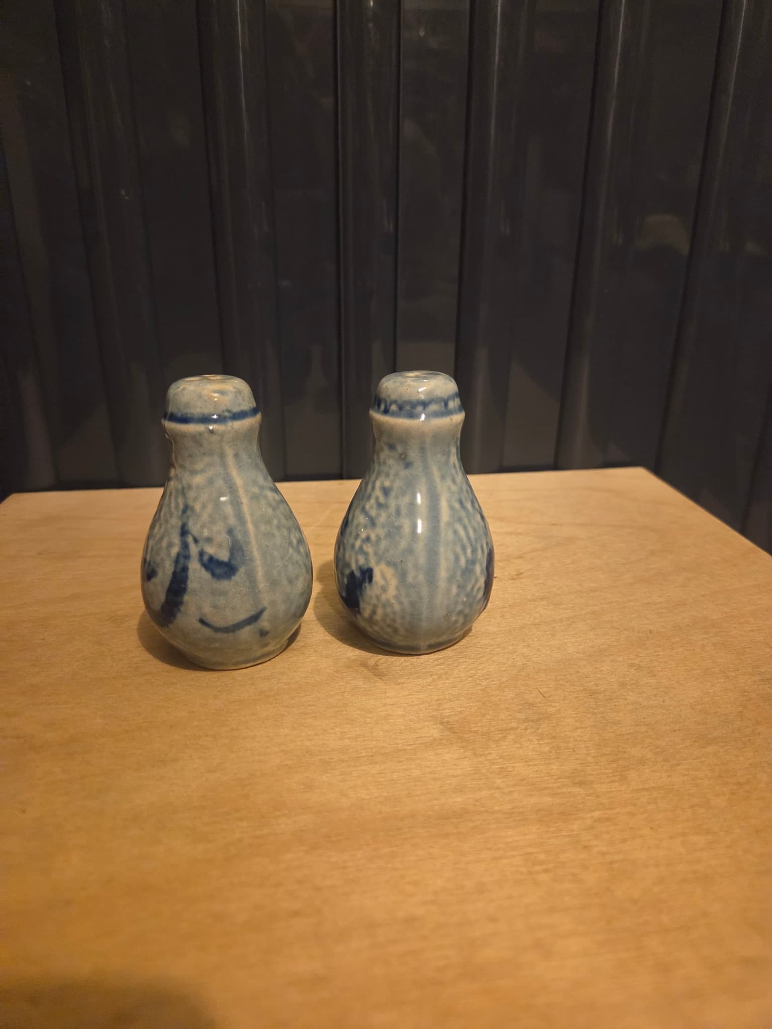 Vintage Blue and White Speckled Ceramic Salt and Pepper Shakers — photo 2 of 3