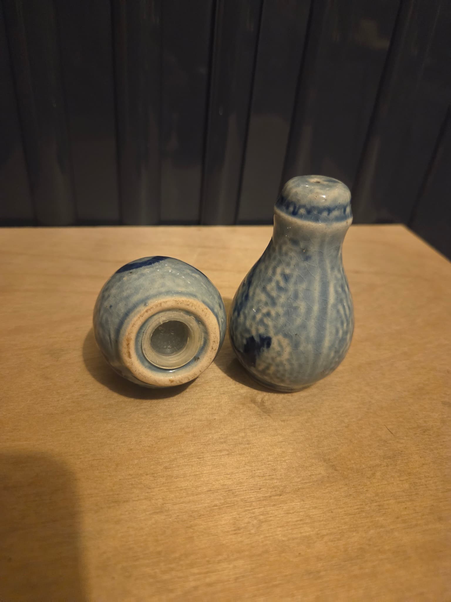 Vintage Blue and White Speckled Ceramic Salt and Pepper Shakers — photo 3 of 3