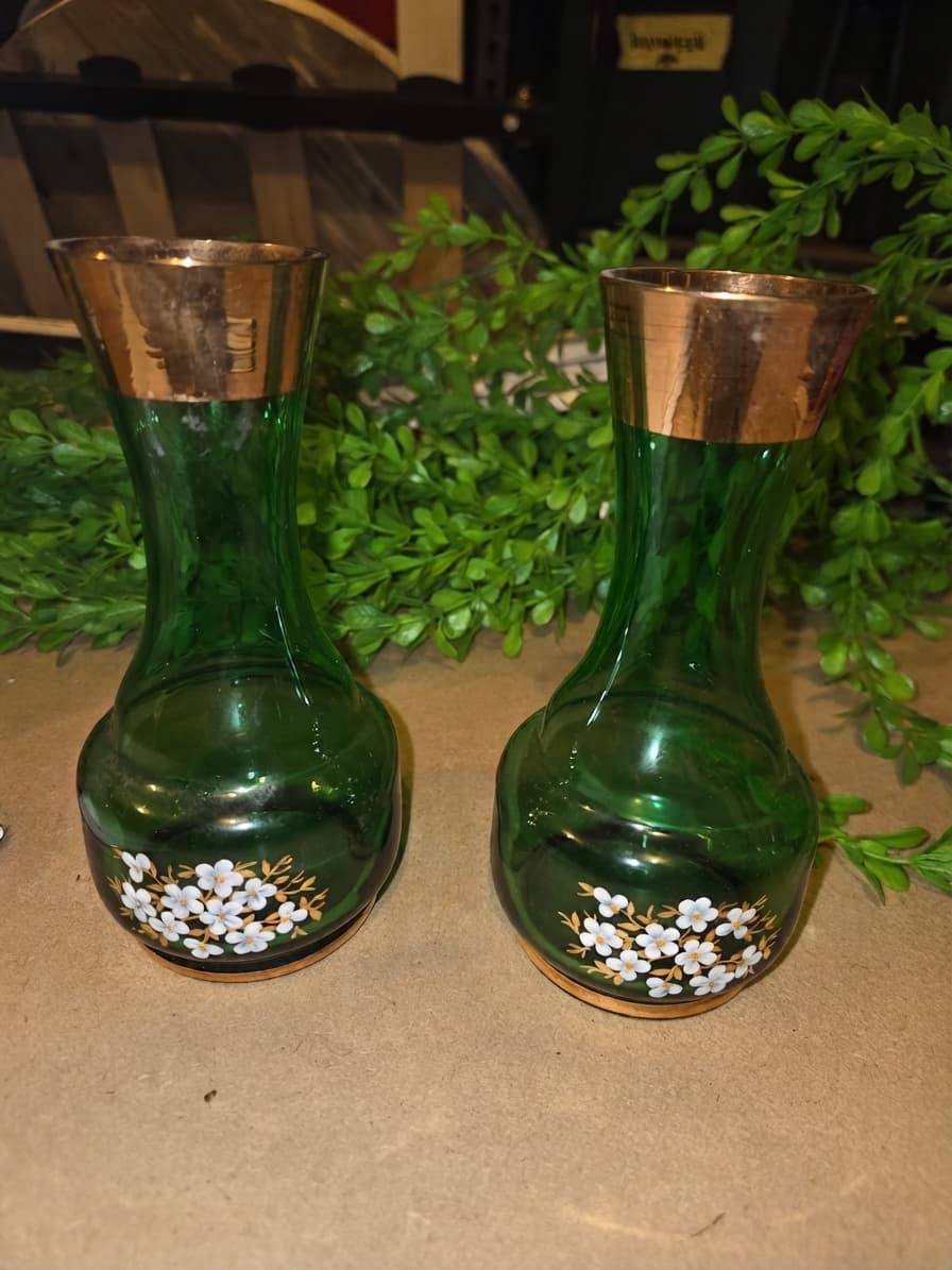 Vintage Bohemia Glass Bud Vases - Green with Gold Rim & Floral Enamel — photo 1 of 5