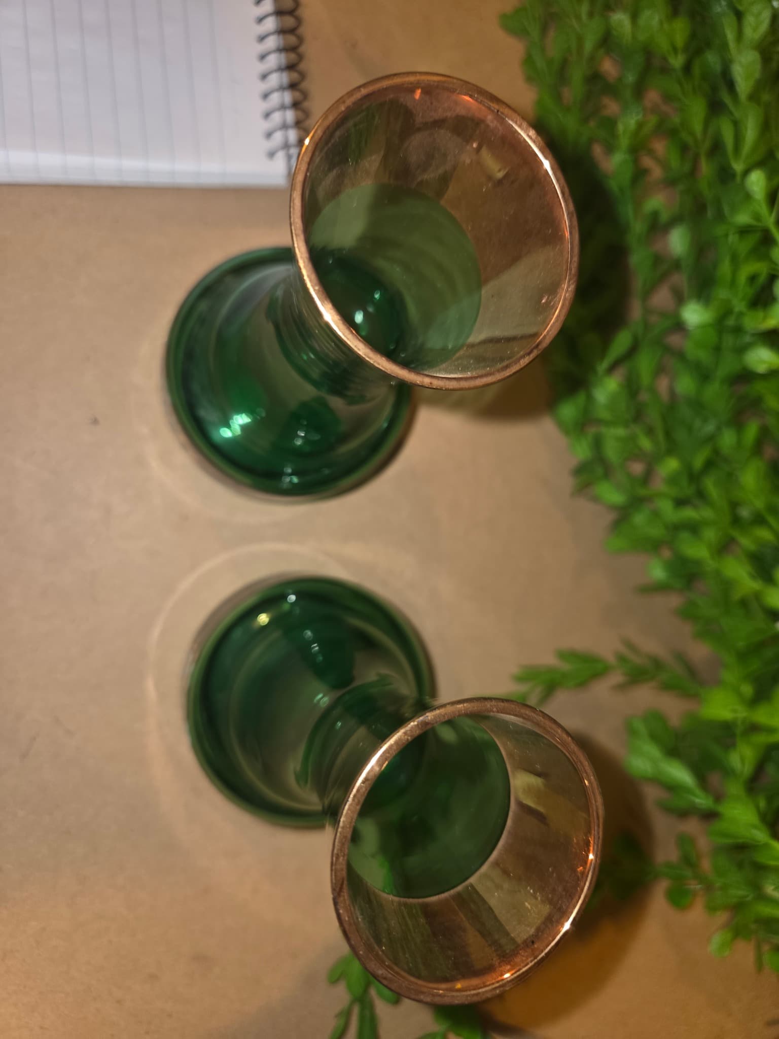 Vintage Bohemia Glass Bud Vases - Green with Gold Rim & Floral Enamel — photo 2 of 5