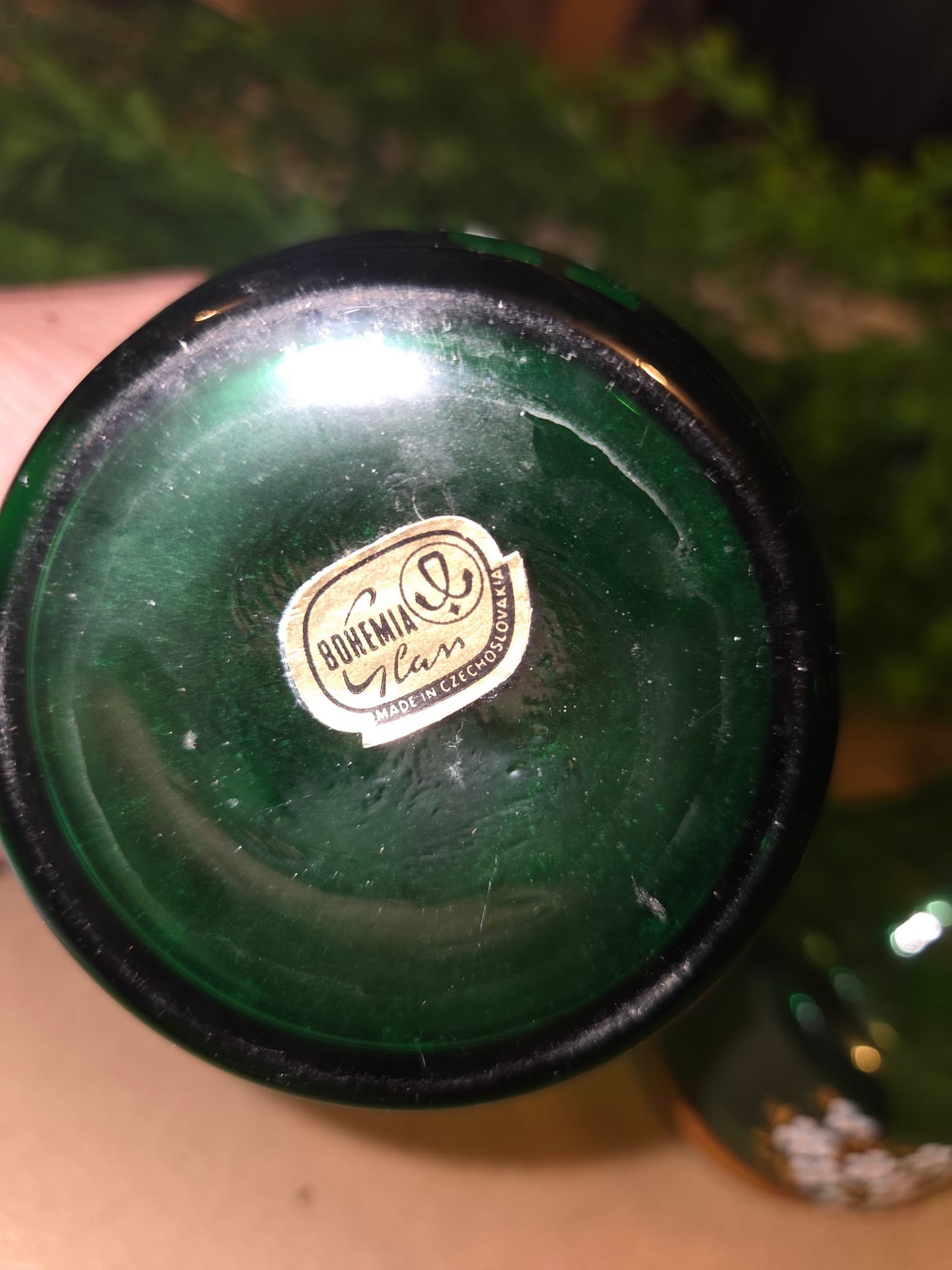 Vintage Bohemia Glass Bud Vases - Green with Gold Rim & Floral Enamel — photo 3 of 5