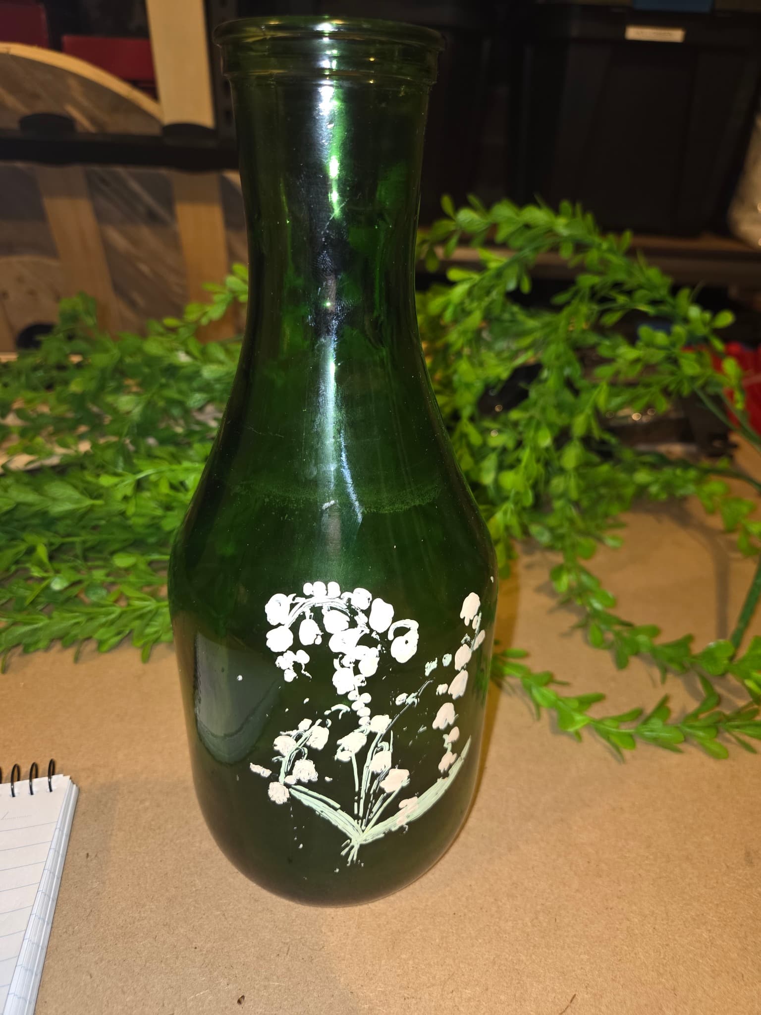 Vintage Bohemia Glass Bud Vases - Green with Gold Rim & Floral Enamel — photo 4 of 5