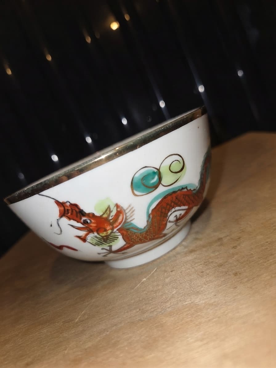 Vintage Chinese Porcelain Dragon Tea Bowl with Gold Rim — photo 1 of 3