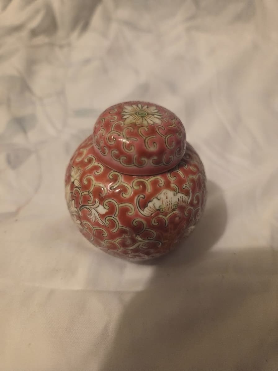 Vintage Chinese Porcelain Ginger Jar - Coral Red & Gold Scrollwork — photo 1 of 4