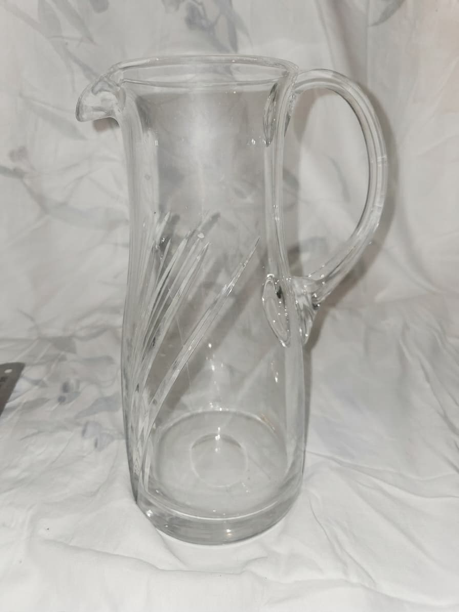 Vintage Clear Cut Glass Water Pitcher with Diagonal Etched Design — photo 1 of 3