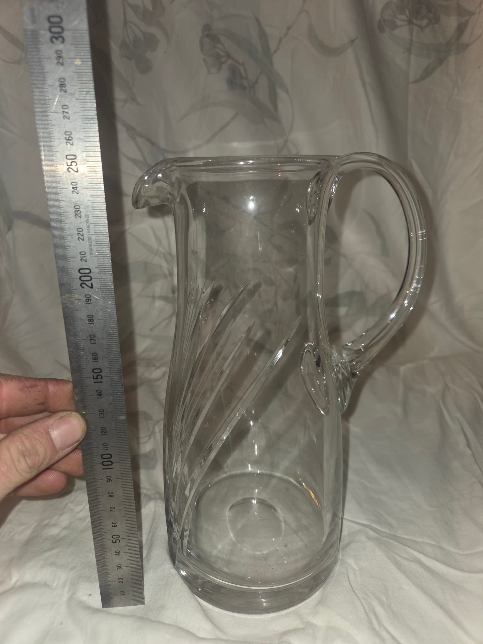 Vintage Clear Cut Glass Water Pitcher with Diagonal Etched Design — photo 2 of 3