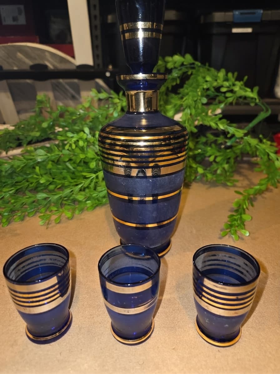 Vintage Cobalt Blue Glass Decanter Set with Gold Banding — photo 1 of 2