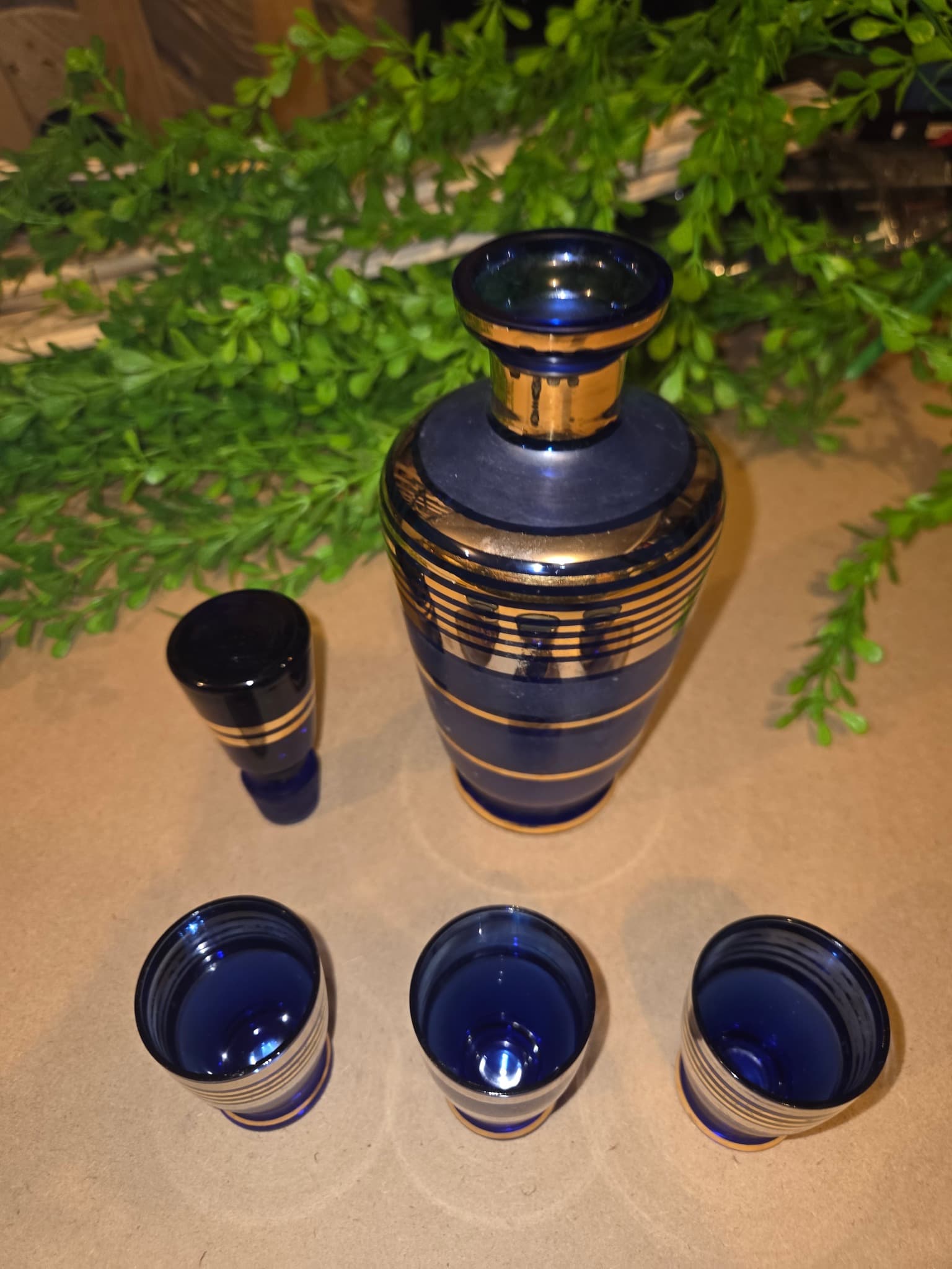 Vintage Cobalt Blue Glass Decanter Set with Gold Banding — photo 2 of 2