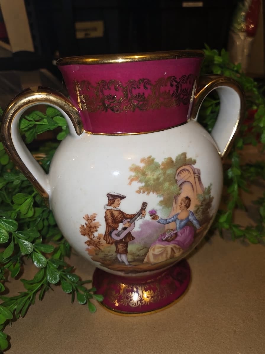 Vintage French Porcelain Urn Vase with Courting Couple Scene and Gold Trim — photo 1 of 5