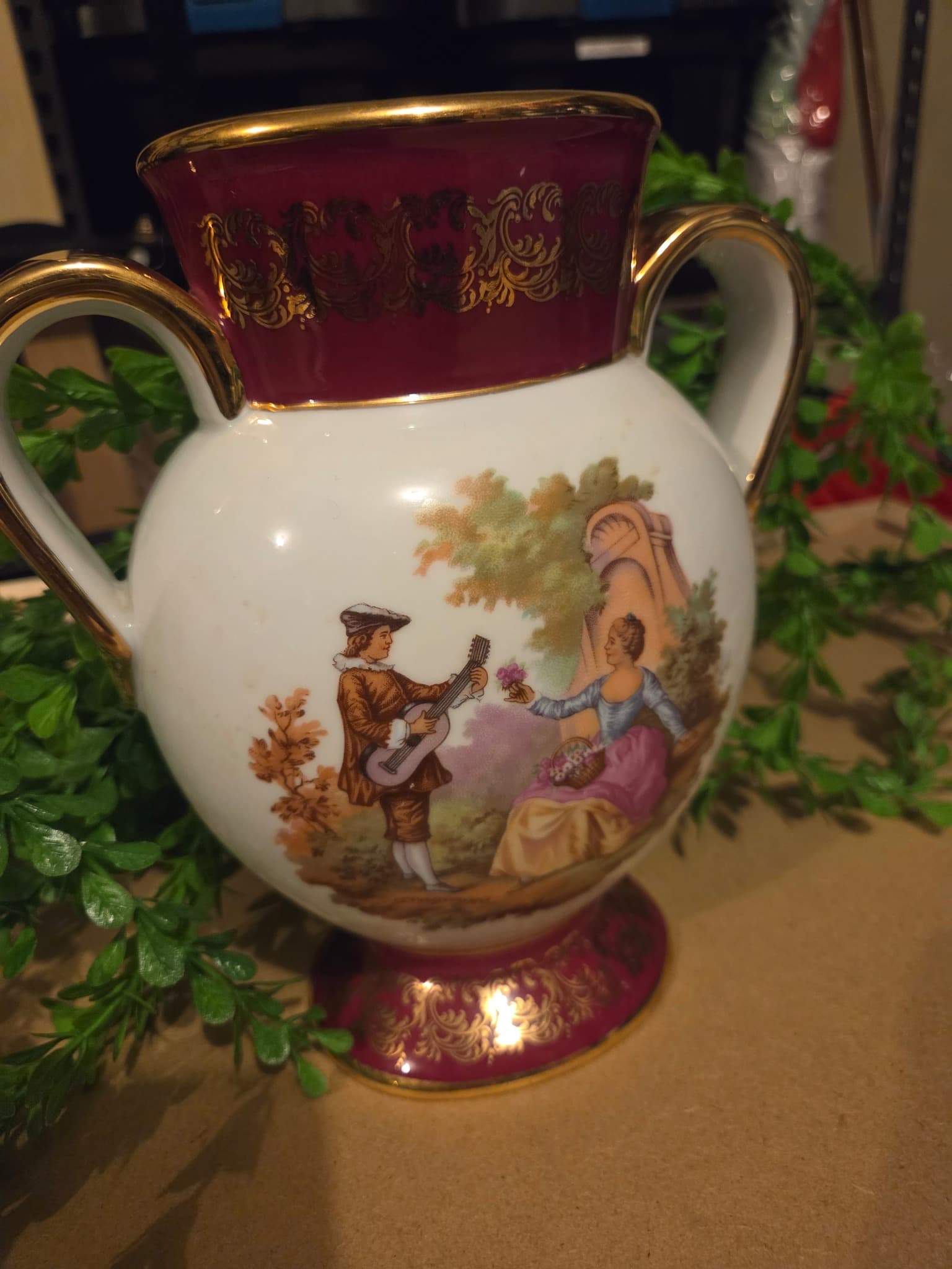 Vintage French Porcelain Urn Vase with Courting Couple Scene and Gold Trim — photo 2 of 5