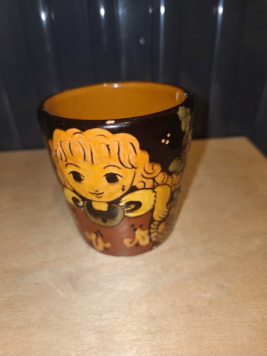 Vintage Hand-Painted Folk Art Ceramic Cup with Girl and Cat Motif — photo 1 of 3