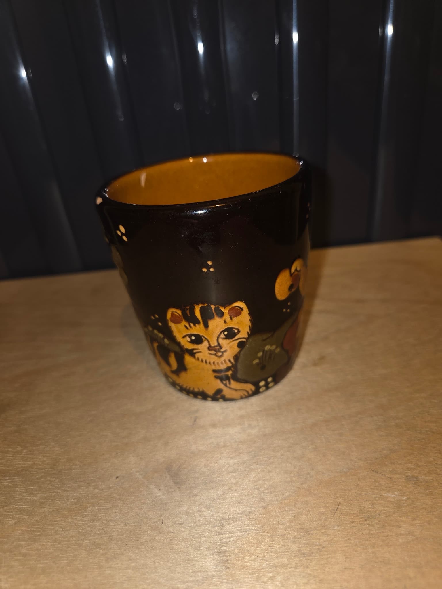 Vintage Hand-Painted Folk Art Ceramic Cup with Girl and Cat Motif — photo 2 of 3