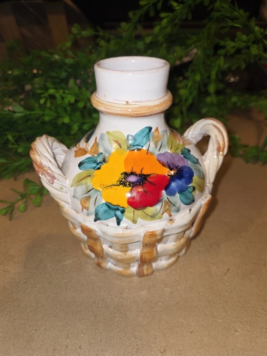 Vintage Italian Majolica Ceramic Basket Weave Vase with Hand-Painted Florals — photo 1 of 4