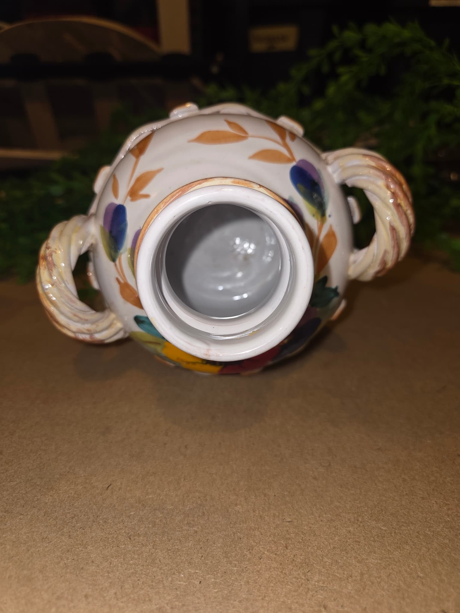 Vintage Italian Majolica Ceramic Basket Weave Vase with Hand-Painted Florals — photo 2 of 4