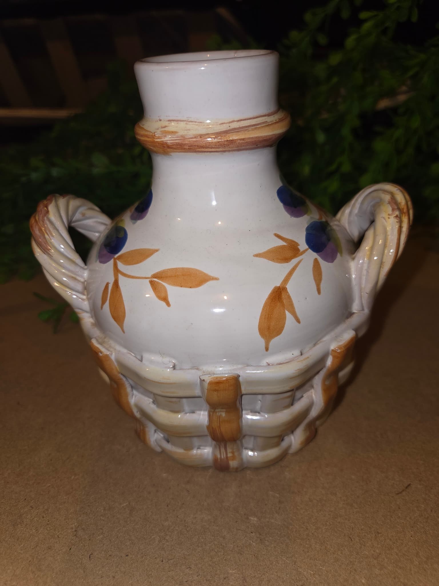 Vintage Italian Majolica Ceramic Basket Weave Vase with Hand-Painted Florals — photo 3 of 4