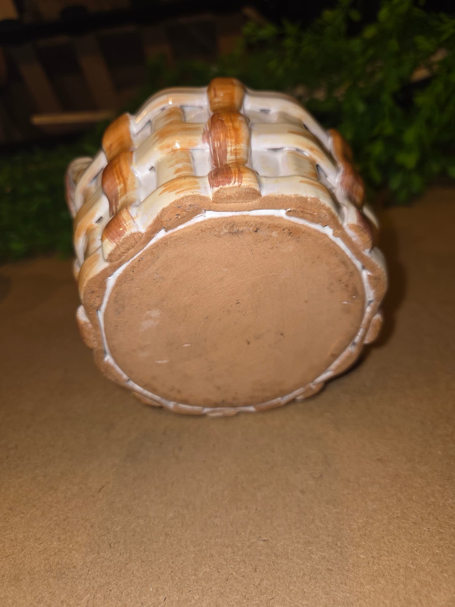 Vintage Italian Majolica Ceramic Basket Weave Vase with Hand-Painted Florals — photo 4 of 4