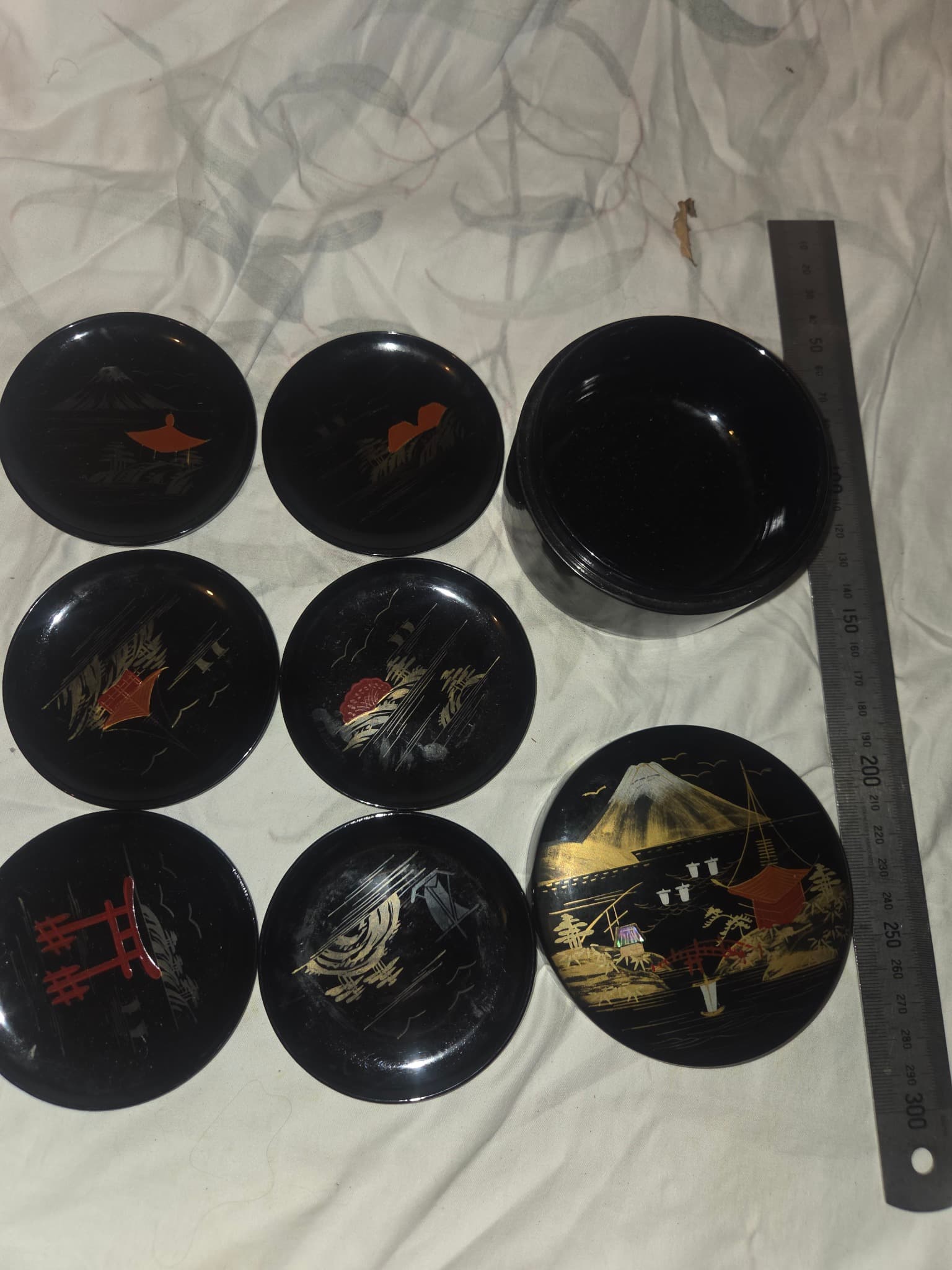 Vintage Japanese Lacquerware Trinket Box & 6 Coaster Set - Mt. Fuji Motif — photo 2 of 4