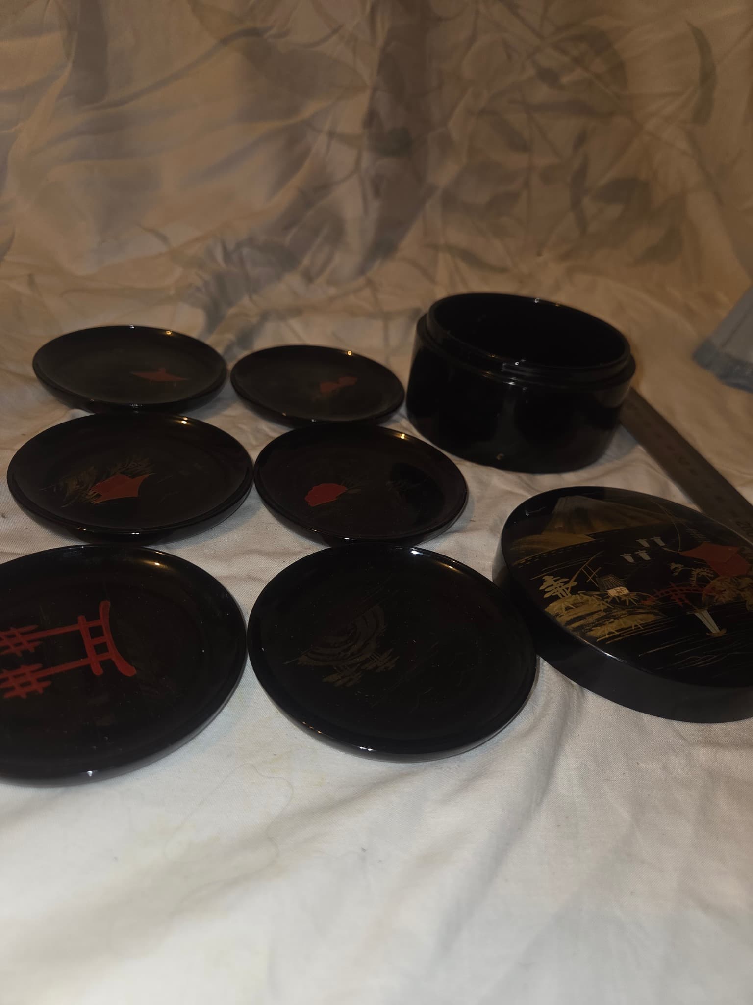 Vintage Japanese Lacquerware Trinket Box & 6 Coaster Set - Mt. Fuji Motif — photo 3 of 4