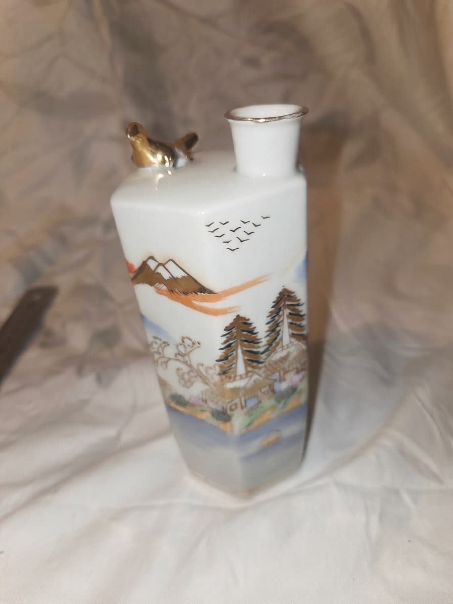 Vintage Japanese Porcelain Sake Decanter with Bird Finial and Mt. Fuji Landscape — photo 1 of 4