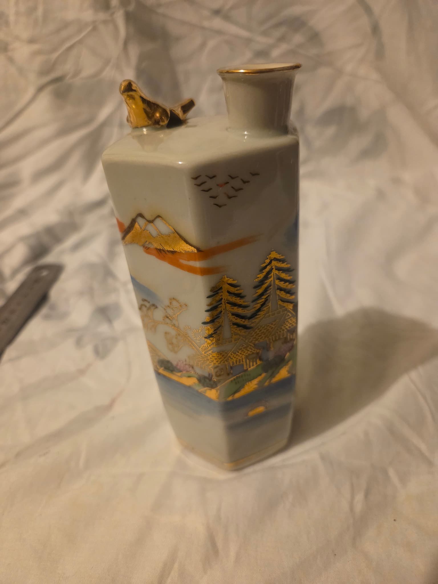 Vintage Japanese Porcelain Sake Decanter with Bird Finial and Mt. Fuji Landscape — photo 2 of 4